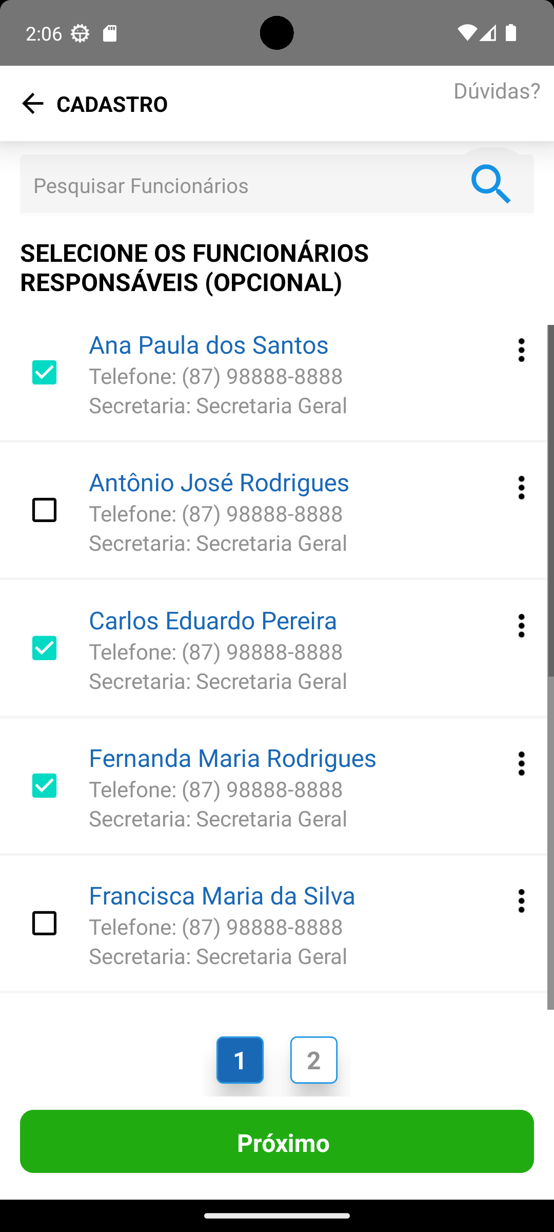 Seleção opcional dos funcionários responsáveis no aplicativo