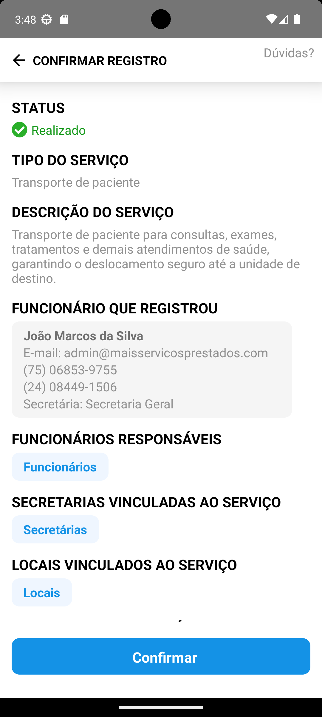 Resumo dos dados antes da inclusão do serviço