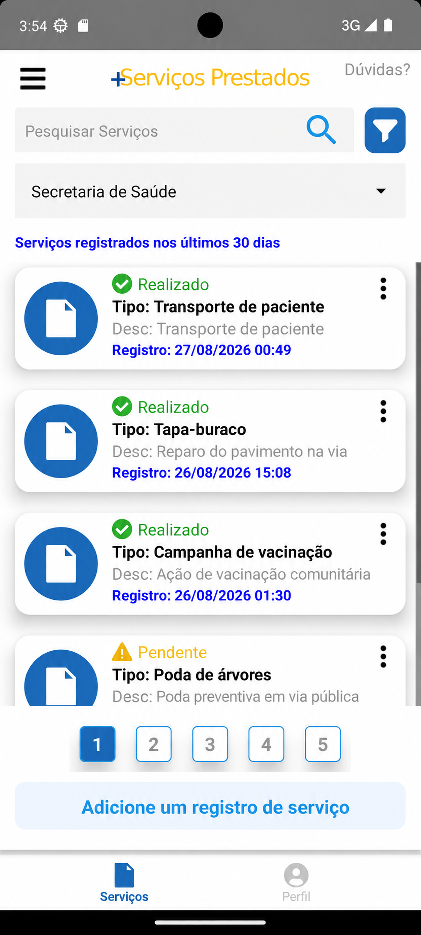 Novo serviço exibido na listagem do aplicativo
