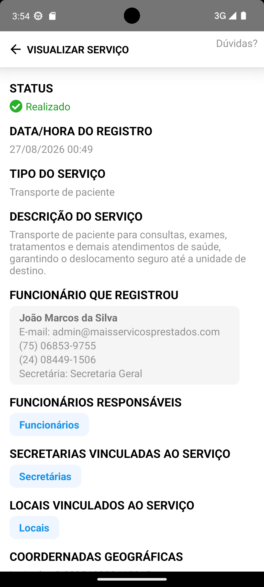 Detalhes do novo serviço no aplicativo
